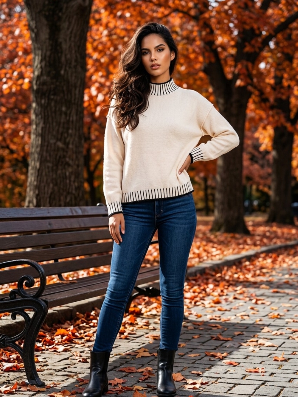 Cream Crewneck Sweater with Black Trim - Women's Sweater - Picture 11 of 15